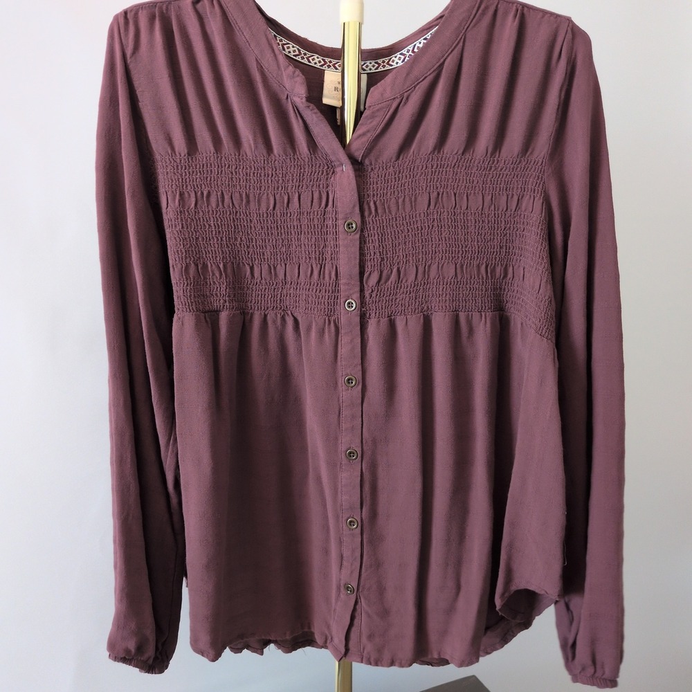 Knox Rose Blouse Women XXL Plum Smocked Button Front Long Sleeve Boho Top